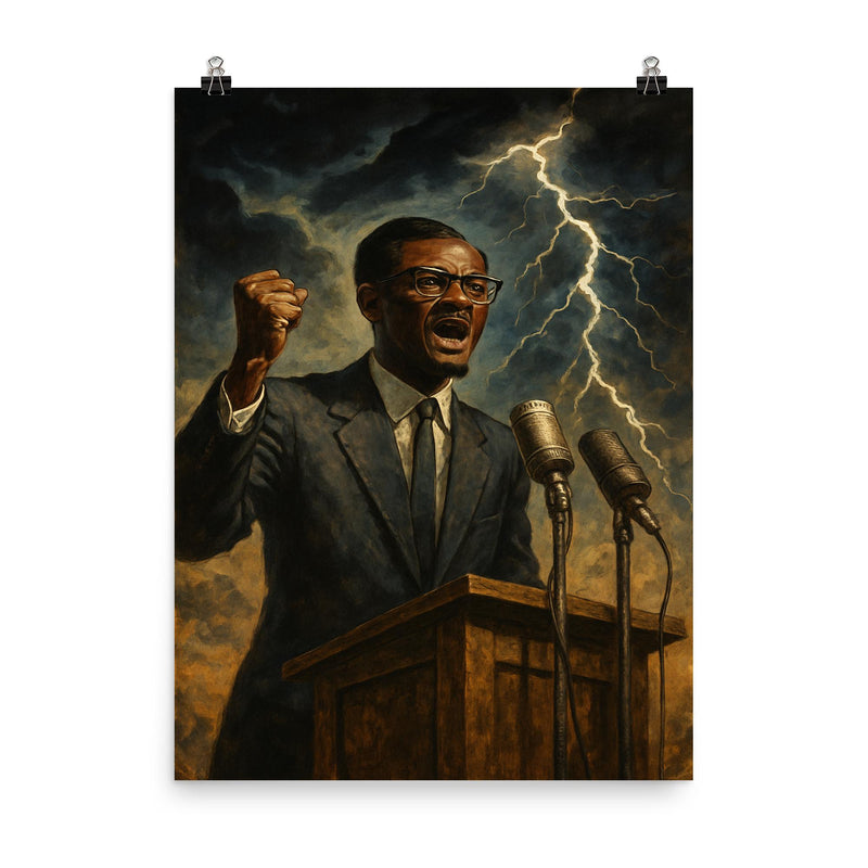 Patrice Lumumba independence speech under gathering storm poster on a plain backdrop in size 8