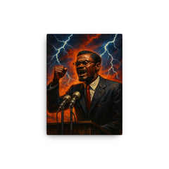 Patrice Lumumba speech under electric skies canvas print on a plain backdrop in size 12"x16".