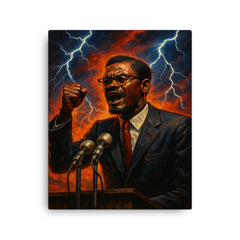 Patrice Lumumba speech under electric skies canvas print on a plain backdrop in size 16"x20".