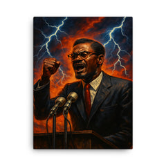 Patrice Lumumba speech under electric skies canvas print on a plain backdrop in size 18"x24".