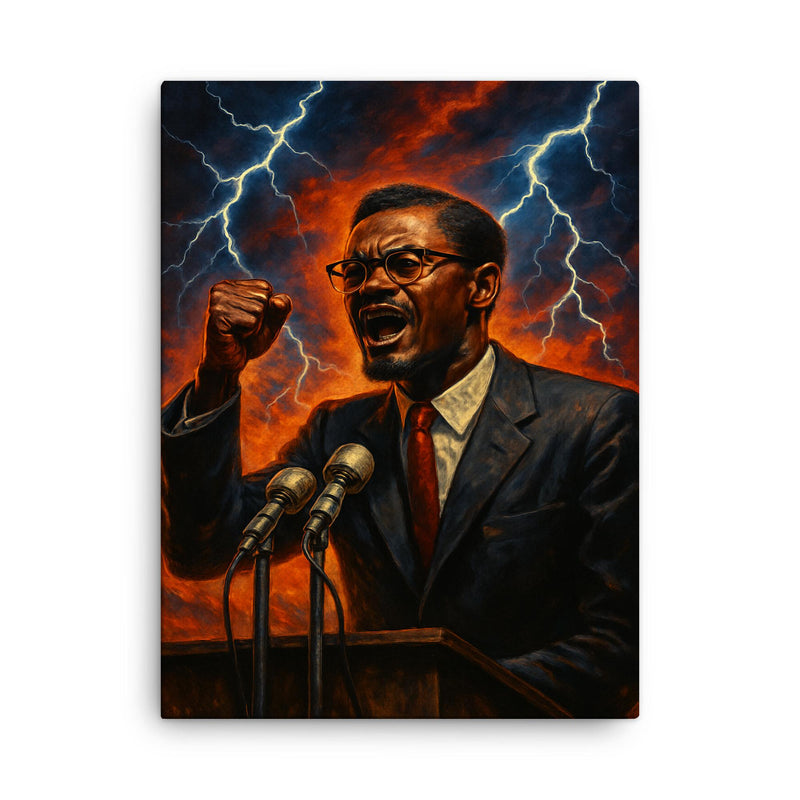 Patrice Lumumba speech under electric skies canvas print on a plain backdrop in size 18