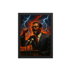 Patrice Lumumba speech under electric skies framed print on a plain backdrop in size 12"x16".