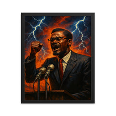 Patrice Lumumba speech under electric skies framed print on a plain backdrop in size 16"x20".