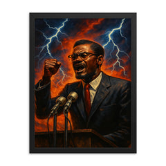 Patrice Lumumba speech under electric skies framed print on a plain backdrop in size 18"x24".