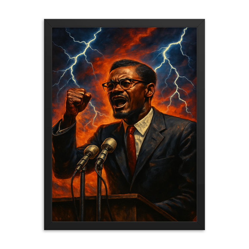 Patrice Lumumba speech under electric skies framed print on a plain backdrop in size 18