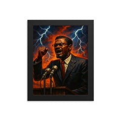 Patrice Lumumba speech under electric skies framed print on a plain backdrop in size 8"x10".