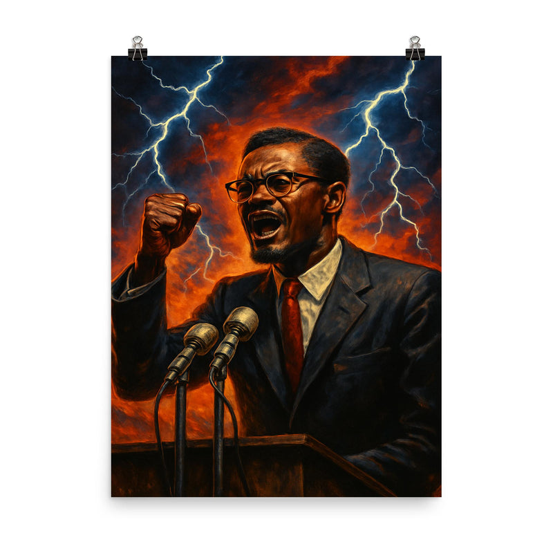 Patrice Lumumba speech under electric skies poster on a plain backdrop in size 8