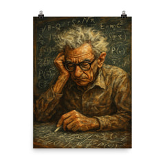 Paul Erdős in chaotic chalk dusted concentration poster on a plain backdrop in size 8"x10".