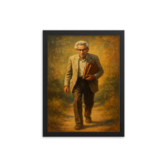 Paul Erdős wandering with mathematical notebooks framed print on a plain backdrop in size 12"x16".
