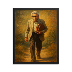 Paul Erdős wandering with mathematical notebooks framed print on a plain backdrop in size 16"x20".