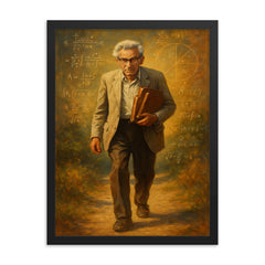 Paul Erdős wandering with mathematical notebooks framed print on a plain backdrop in size 18"x24".