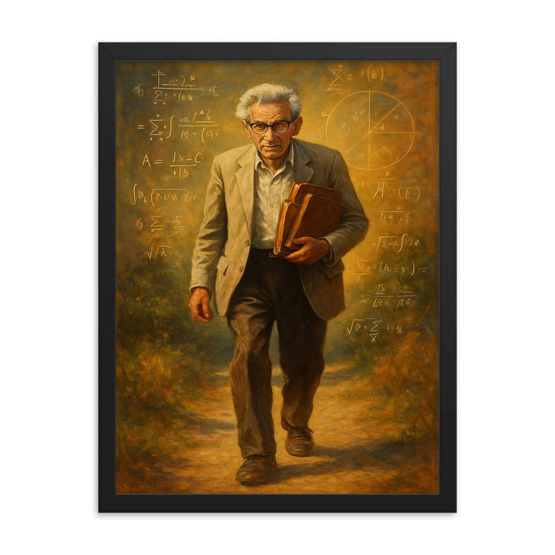 Paul Erdős wandering with mathematical notebooks framed print on a plain backdrop in size 18