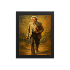 Paul Erdős wandering with mathematical notebooks framed print on a plain backdrop in size 8"x10".