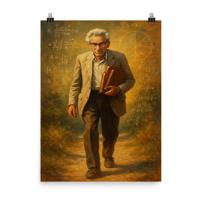 Paul Erdős wandering with mathematical notebooks poster on a plain backdrop in size 8