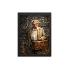 Paul Erdős with suitcase and theorem scarred blackboard framed print on a plain backdrop in size 12"x16".
