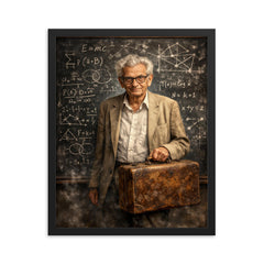 Paul Erdős with suitcase and theorem scarred blackboard framed print on a plain backdrop in size 16"x20".