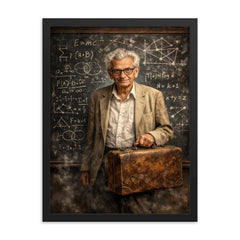 Paul Erdős with suitcase and theorem scarred blackboard framed print on a plain backdrop in size 18"x24".
