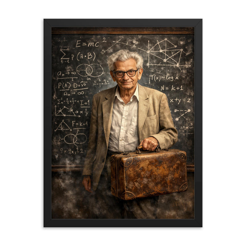 Paul Erdős with suitcase and theorem scarred blackboard framed print on a plain backdrop in size 18