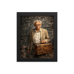 Paul Erdős with suitcase and theorem scarred blackboard framed print on a plain backdrop in size 8"x10".