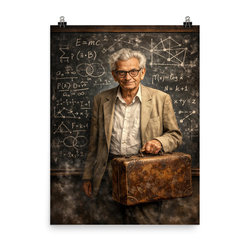 Paul Erdős with suitcase and theorem scarred blackboard poster on a plain backdrop in size 8