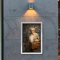 Paul Erdős with suitcase and theorem scarred blackboard poster 2