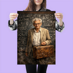 Paul Erdős with suitcase and theorem scarred blackboard poster 3