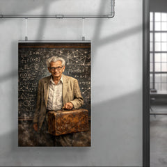 Paul Erdős with suitcase and theorem scarred blackboard poster 4