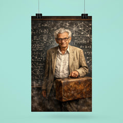 Paul Erdős with suitcase and theorem scarred blackboard poster 6