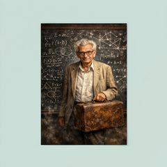Paul Erdős with suitcase and theorem scarred blackboard poster 8