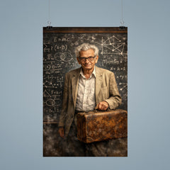 Paul Erdős with suitcase and theorem scarred blackboard poster 9