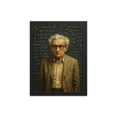 Paul Erdos amid dense theorem covered blackboards framed print on a plain backdrop in size 12"x16".