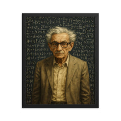 Paul Erdos amid dense theorem covered blackboards framed print on a plain backdrop in size 16"x20".