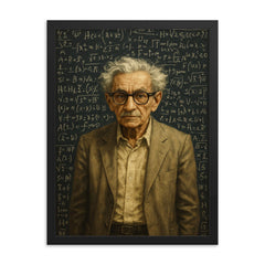 Paul Erdos amid dense theorem covered blackboards framed print on a plain backdrop in size 18"x24".