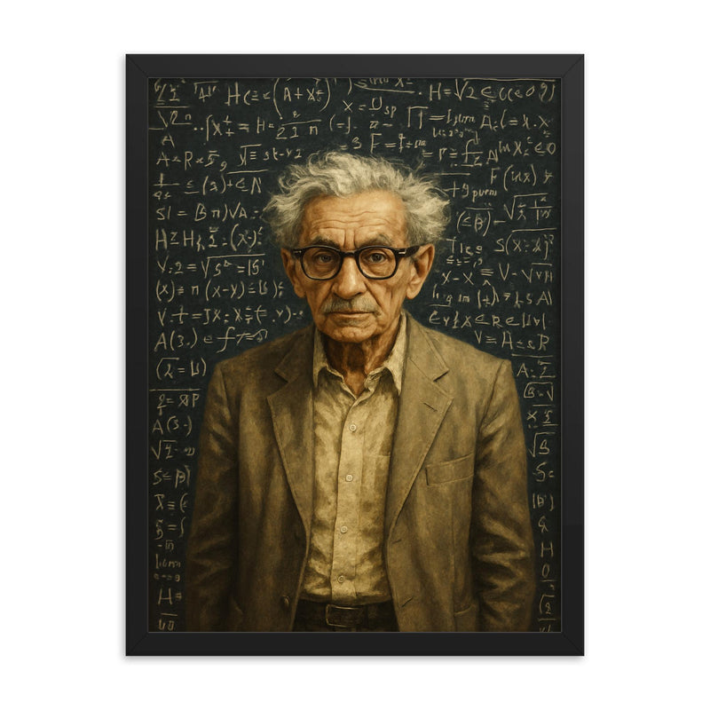 Paul Erdos amid dense theorem covered blackboards framed print on a plain backdrop in size 18