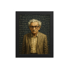 Paul Erdos amid dense theorem covered blackboards framed print on a plain backdrop in size 8"x10".