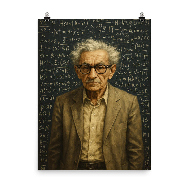 Paul Erdos amid dense theorem covered blackboards poster on a plain backdrop in size 8