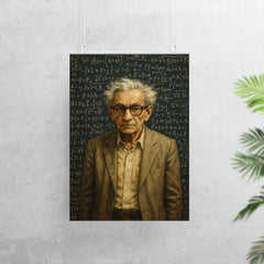 Paul Erdos amid dense theorem covered blackboards poster 7