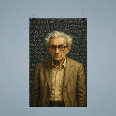 Paul Erdos amid dense theorem covered blackboards poster 9