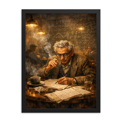 Paul Erdos in theorem strewn café haze framed print on a plain backdrop in size 18"x24".