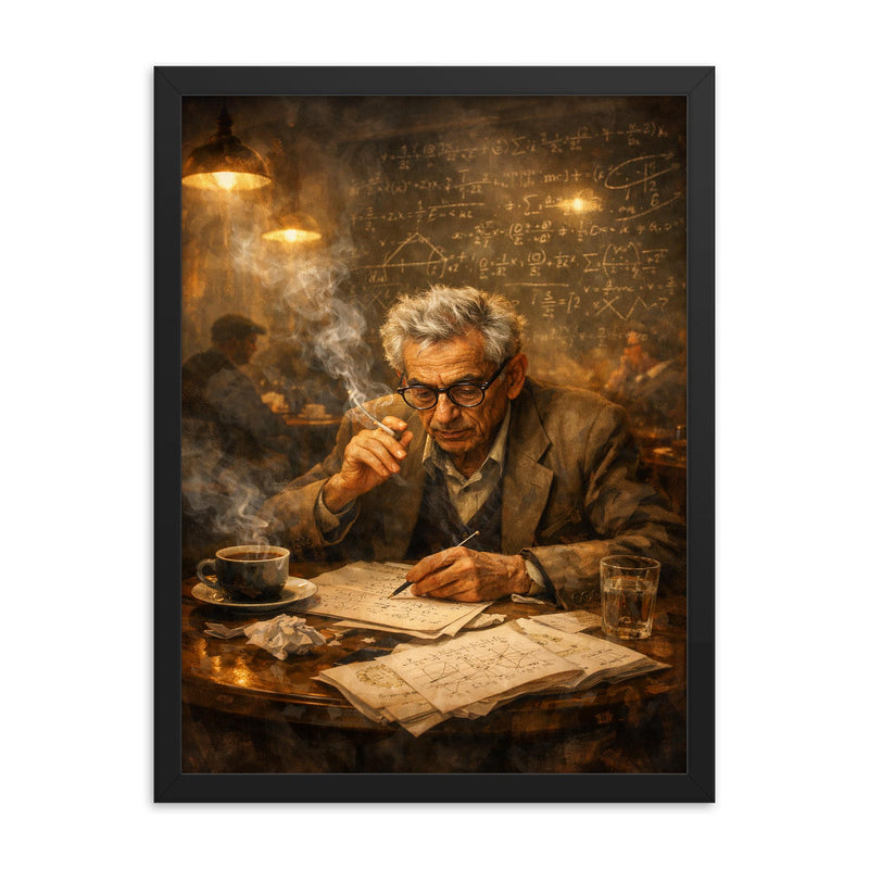 Paul Erdos in theorem strewn café haze framed print on a plain backdrop in size 18