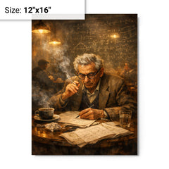 Paul Erdos in theorem strewn café haze metal print on a plain backdrop in size 12"x16".