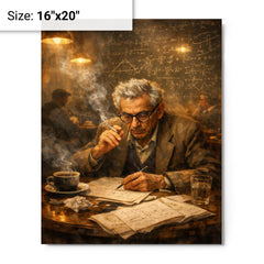 Paul Erdos in theorem strewn café haze metal print on a plain backdrop in size 16"x20".