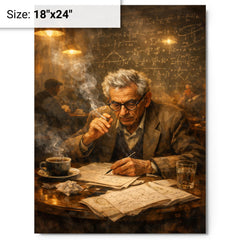 Paul Erdos in theorem strewn café haze metal print on a plain backdrop in size 18"x24".