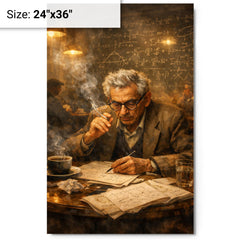 Paul Erdos in theorem strewn café haze metal print on a plain backdrop in size 24"x36".