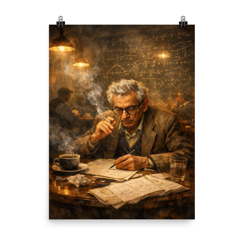 Paul Erdos in theorem strewn café haze poster on a plain backdrop in size 8