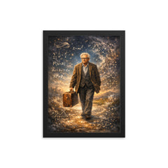 Paul Erdos wandering with suitcase and equations framed print on a plain backdrop in size 12"x16".