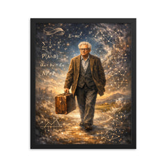 Paul Erdos wandering with suitcase and equations framed print on a plain backdrop in size 16"x20".