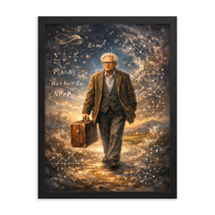 Paul Erdos wandering with suitcase and equations framed print on a plain backdrop in size 18"x24".
