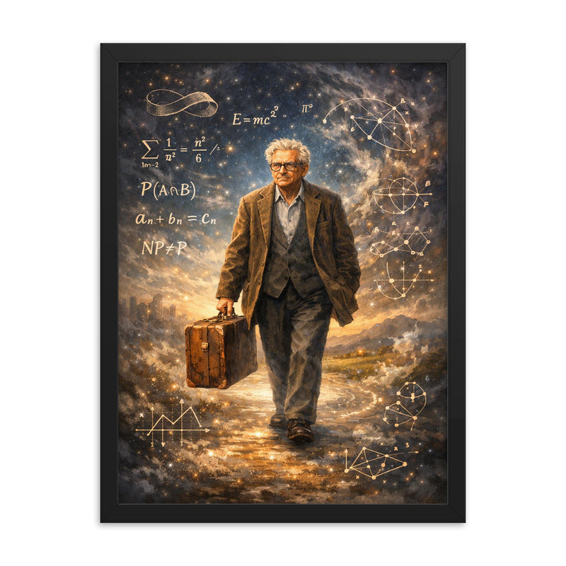 Paul Erdos wandering with suitcase and equations framed print on a plain backdrop in size 18