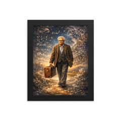Paul Erdos wandering with suitcase and equations framed print on a plain backdrop in size 8"x10".